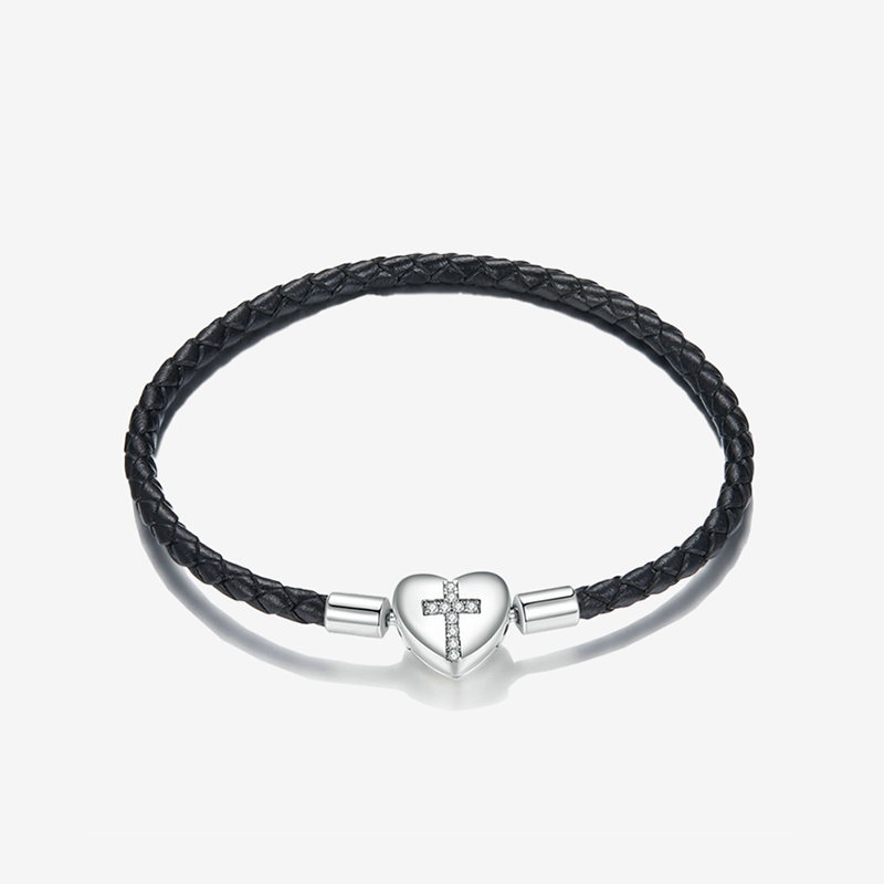 Bracelet Cuir Noir Tressé Fermoir Coeur & Croix