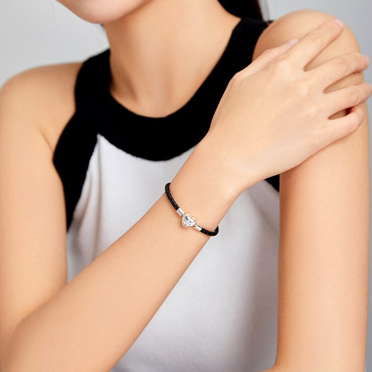 Bracelet Cuir Noir Tressé Fermoir Coeur & Croix