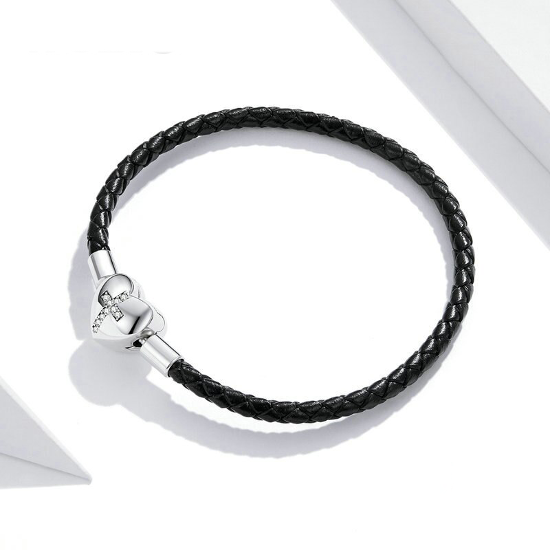 Bracelet Cuir Noir Tressé Fermoir Coeur & Croix
