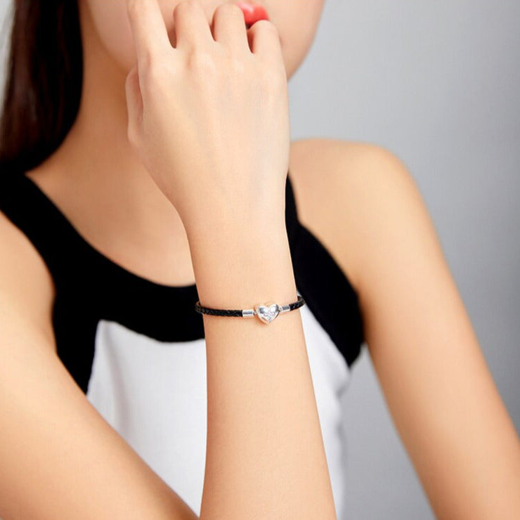 Bracelet Cuir Noir Tressé Fermoir Coeur & Croix