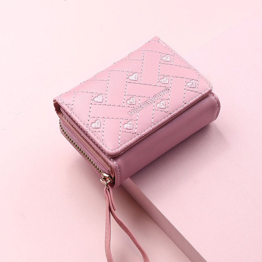 Geestock Women's Wallet for PU Leather Fashion Embroidered Love Tri-fold Small Wallet Card Holder Multi-card Slot Coin Purses