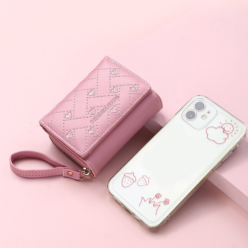 Geestock Women's Wallet for PU Leather Fashion Embroidered Love Tri-fold Small Wallet Card Holder Multi-card Slot Coin Purses