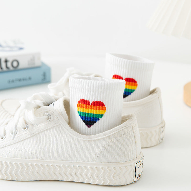 Chaussettes Arc en Ciel Coeur Blanches