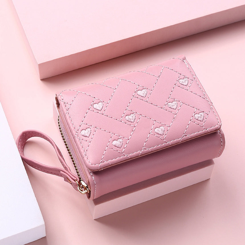 Geestock Women's Wallet for PU Leather Fashion Embroidered Love Tri-fold Small Wallet Card Holder Multi-card Slot Coin Purses
