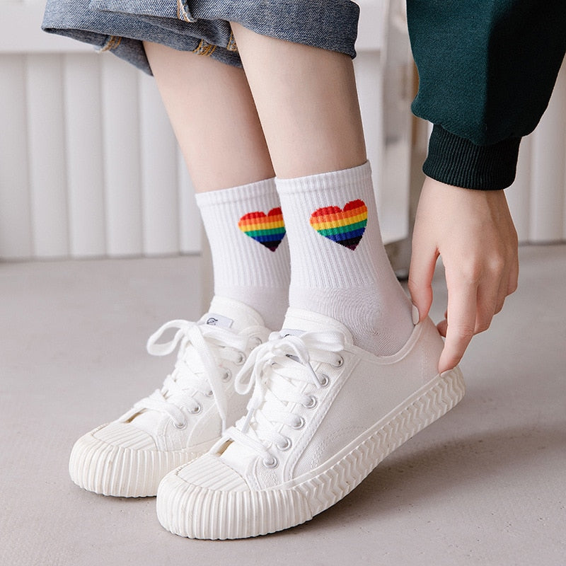 Chaussettes Arc en Ciel Coeur Blanches