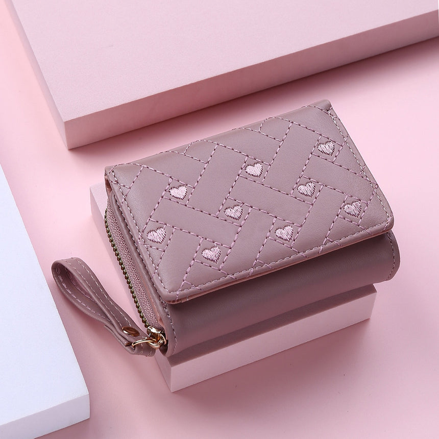 Geestock Women's Wallet for PU Leather Fashion Embroidered Love Tri-fold Small Wallet Card Holder Multi-card Slot Coin Purses